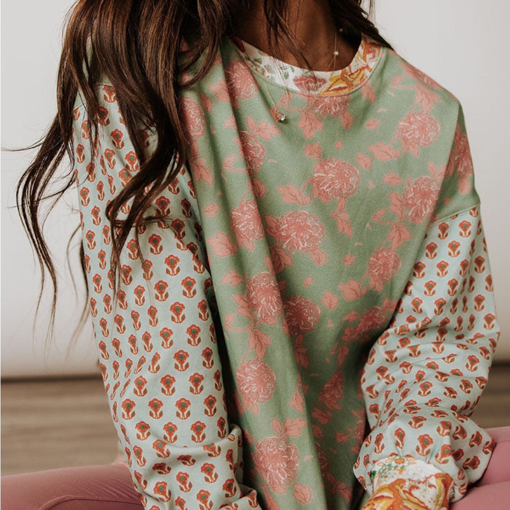 AMPERSAND AVE Green and Pink Floral Sweatshirt - Picture 2 of 6